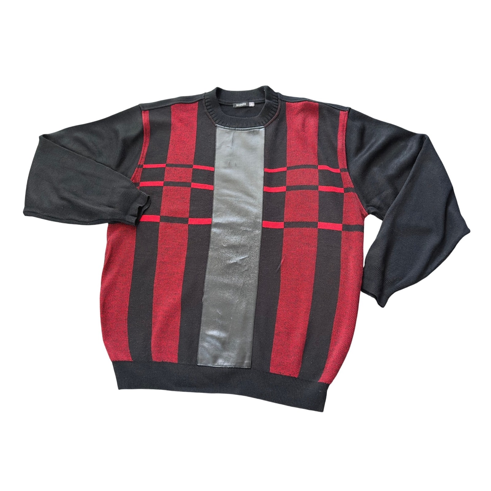 Bagazio Mens Xl Sweater Red Black Striped Faux Leather Retro Xl